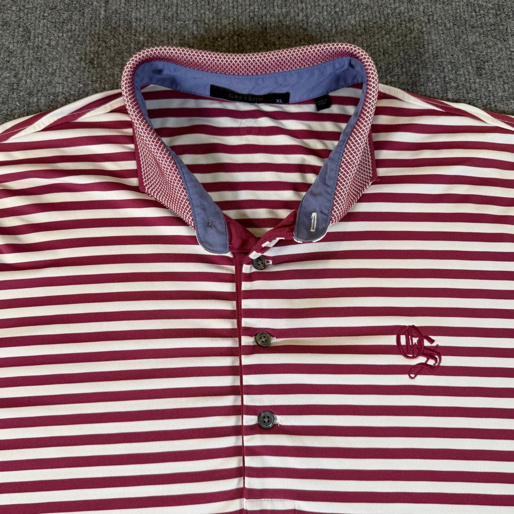 Greyson Clothiers Men XL Maroon White Striped Short Sleeve Golf Polo Shirt #3677